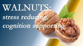 Dr. Hoang's Chiropractic Clinic shares a picture of a walnut which is said to be good for the gut and reduce stress.