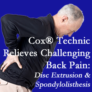 Montreal chiropractic care with Cox Technic alleviates back pain due to a painful combination of a disc extrusion and a spondylolytic spondylolisthesis.